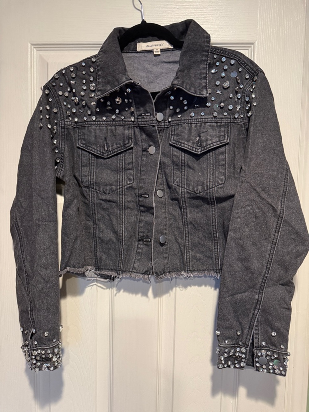 Stone Wash Black Embellished Cropped Denim Jacket rave edgy boho goth sexy moto